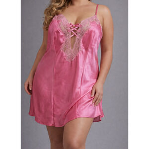 Vintage Fredericks Of Hollywood Plus 1X Pink Satin Chemise Lace Criss Cross Bows